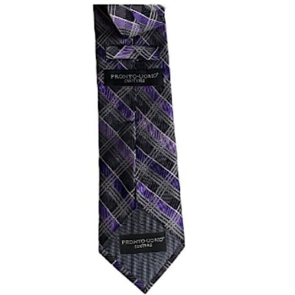 Pronto Uomo Mens Silk Tie 58 inches Tartan Plaid Purple Black White Boardroom - Picture 5 of 5